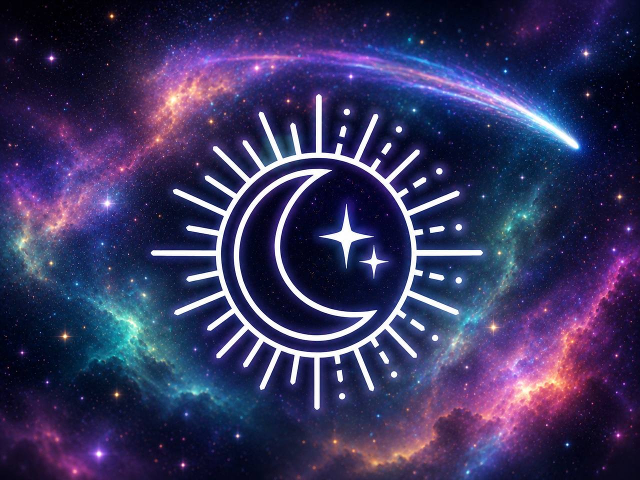 The SpreadLight sun, moon and stars emblem glowing within a cosmic nebula